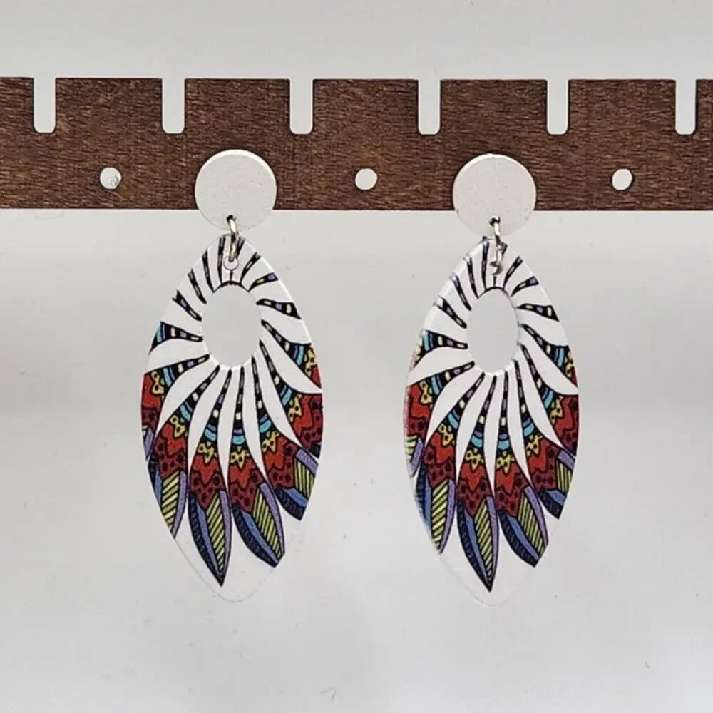 Boho Oval Open Hoop Geometric Swirl Pattern Dangle Statement Earrings